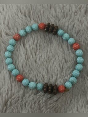 Turquoise and Coral Beaded Stretch Bracelet - Women Jewelry